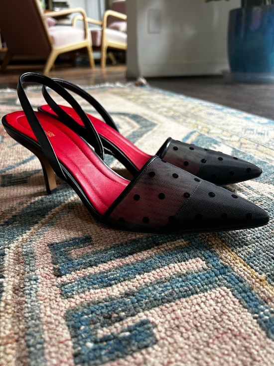 Diane Von Furstenberg Shoes - Diane Von Furstenberg Black Mesh Polka-Dot Slingback Heels with Red Insole
